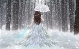 冬の森、雪、傘、バックビューのファンタジー少女 HDの壁紙