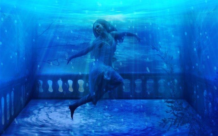 水中、青い水でのファンタジー少女 壁紙 ピクチャー