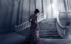 ファンタジー女の子、夜、階段、木