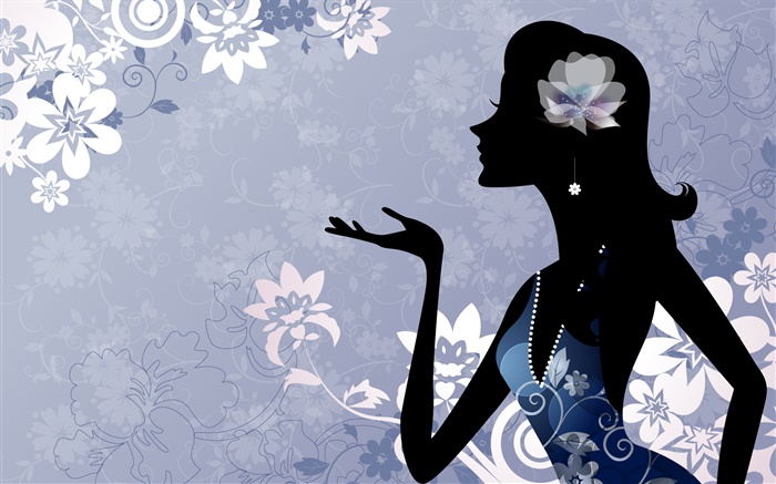 ファッションベクトル少女、花、青色の背景 壁紙 ピクチャー