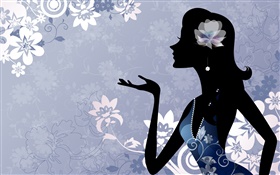 ファッションベクトル少女、花、青色の背景 HDの壁紙
