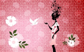 少女と鳩、鳥、花、ピンクの背景、ベクトルのデザインの写真