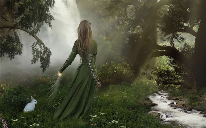 森の中の緑のドレスファンタジー少女、白ウサギ 壁紙 ピクチャー