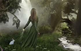 森の中の緑のドレスファンタジー少女、白ウサギ HDの壁紙