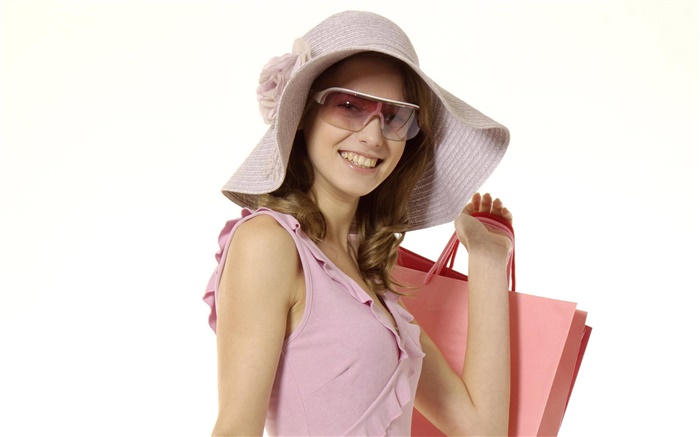 幸せなショッピングの女の子、ピンクのドレス、帽子、サングラス 壁紙 ピクチャー
