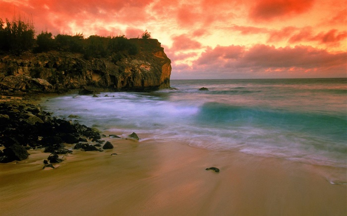 ハワイ、アメリカ、ビーチ、海岸、海、赤い空、日没 壁紙 ピクチャー