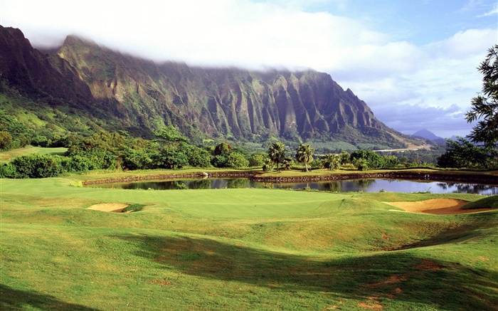 ハワイ、アメリカ、ゴルフコース、草、山、木、湖、雲 壁紙 ピクチャー