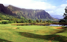 ハワイ、アメリカ、ゴルフコース、草、山、木、湖、雲