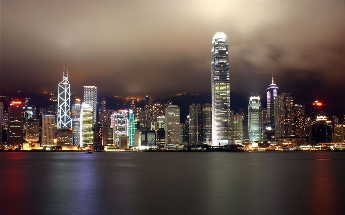 香港、美しい街、高層ビル、夜、ライト、川 壁紙 ピクチャー
