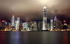 香港、美しい街、高層ビル、夜、ライト、川 HDの壁紙
