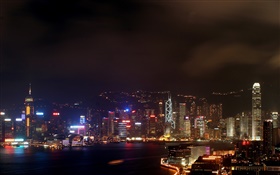 香港、美しい夜、市、高層ビル、ライト、海