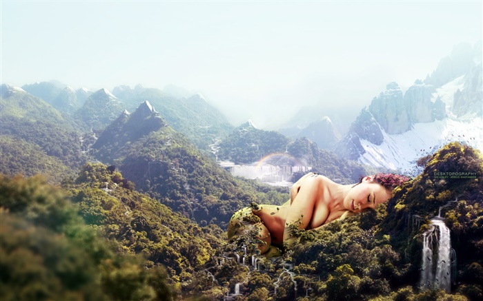 巨大な女の子、山に睡眠、創造的なデザイン 壁紙 ピクチャー