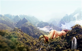 巨大な女の子、山に睡眠、創造的なデザイン HDの壁紙