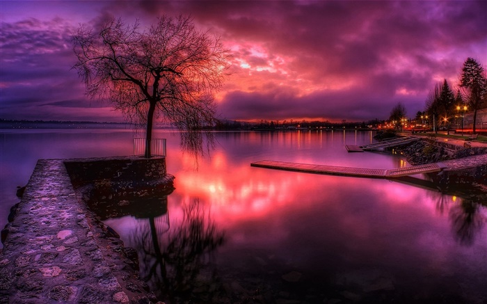 湖、赤い空、夕日、雲、木、ランプ 壁紙 ピクチャー
