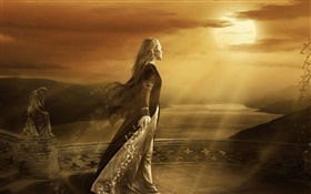 魔法のファンタジーの女の子、夜明け、太陽、雲