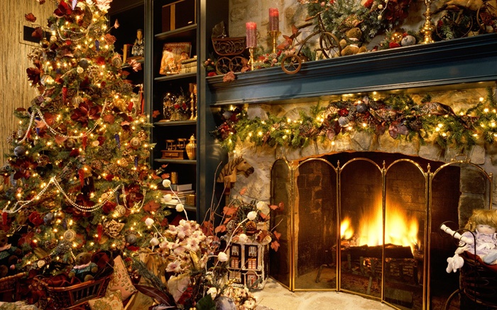 メリークリスマス、ボール、装飾、暖炉、ライト、暖かいです 壁紙 ピクチャー