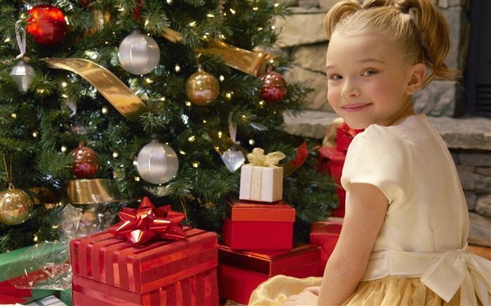 メリークリスマス、笑顔の子の女の子、贈り物 壁紙 ピクチャー