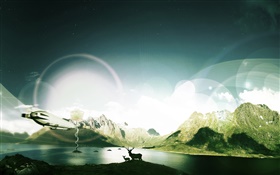 山、湖、鹿、光、創造的なデザイン HDの壁紙