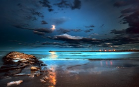 夜、ライト、月、雲、海、桟橋 HDの壁紙