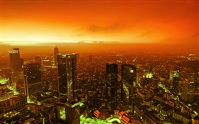 夜景の街、高層ビル、ライト、夕暮れ、赤い空 HDの壁紙