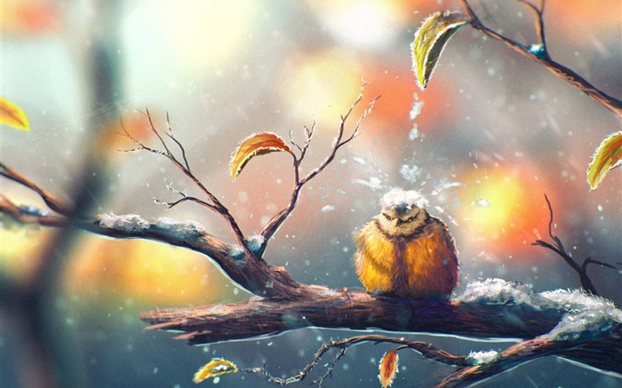 絵画、冬の鳥、木の枝、雪、葉 壁紙 ピクチャー