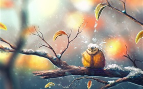 絵画、冬の鳥、木の枝、雪、葉 HDの壁紙
