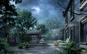 雨、家、木の公園、3Dは、写真をレンダリング HDの壁紙