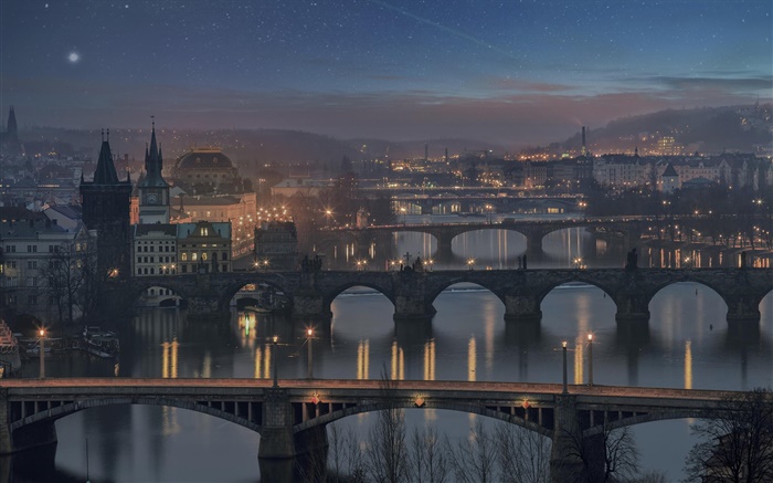 プラハ、チェコ共和国、橋、川、家、夜、ライト 壁紙 ピクチャー
