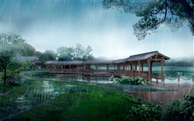 雨の日、公園、覆われた橋、木、湖、パス、3Dデザイン HDの壁紙