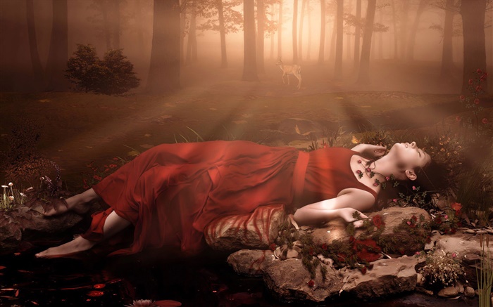 赤いドレスのファンタジー少女、森の中の睡眠 壁紙 ピクチャー