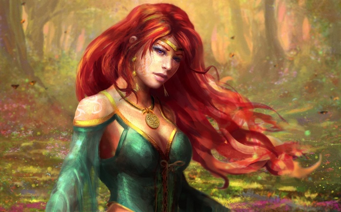 森の中の赤い髪のファンタジー少女 壁紙 ピクチャー