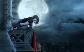 月の夜のレッドリップファンタジーの女の子、市 HDの壁紙