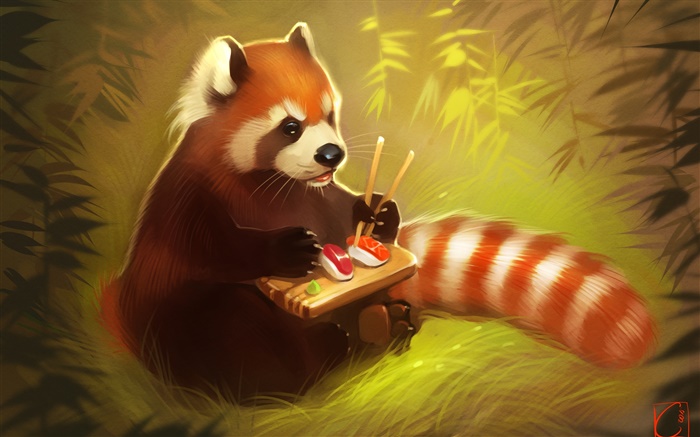 レッドパンダを食べる食品、寿司、クマ、創造的な絵画 壁紙 ピクチャー