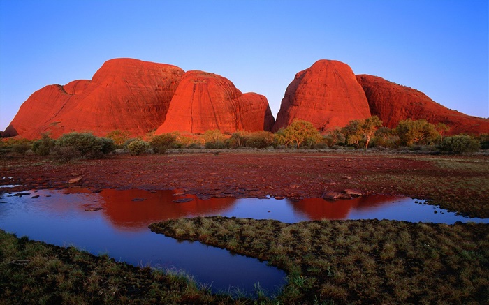 赤い岩の山、水、草、夕暮れ、オーストラリア 壁紙 ピクチャー