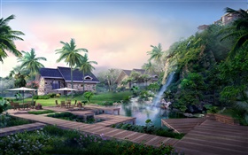 リゾート、滝、ヤシの木、家、熱帯、3Dデザイン HDの壁紙