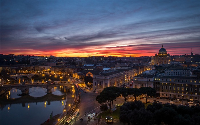 ローマ、イタリア、バチカン、夕方、日没、家、川、橋 壁紙 ピクチャー