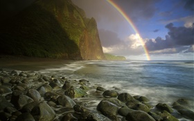 海、海岸、石、虹、雲 HDの壁紙