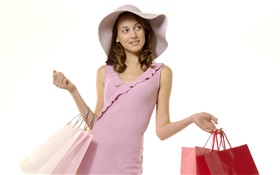 ショッピングの女の子、ピンクのドレス HDの壁紙