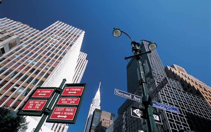 道標、高層ビル、ニューヨーク、USA 壁紙 ピクチャー