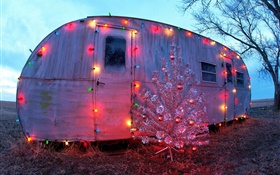 シンプルな家、休日ライト、クリスマスツリー HDの壁紙