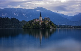 スロベニア、島、教会、湖、木、山、夜明け