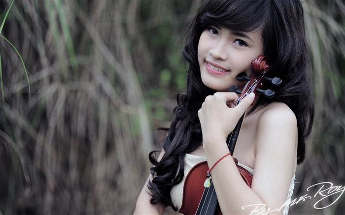 アジアの女の子、音楽、バイオリンスマイル 壁紙 ピクチャー