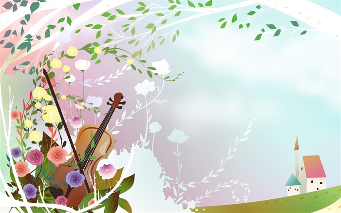 春は、花、バイオリン、木、家、ベクトル画像をテーマに 壁紙 ピクチャー