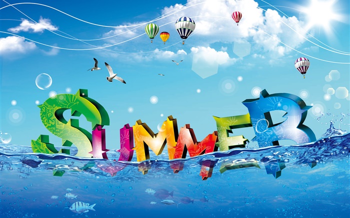 夏、創造的なデザイン、カラフル、水、魚、鳥、風船 壁紙 ピクチャー