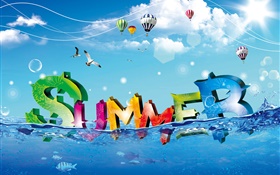 夏、創造的なデザイン、カラフル、水、魚、鳥、風船