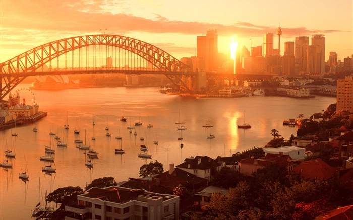 シドニー、オーストラリア、都市の日没、橋、川、建物、暖かい日 壁紙 ピクチャー