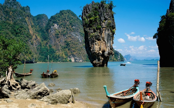 タイの風景、海、海岸、ボート、崖、岩 壁紙 ピクチャー
