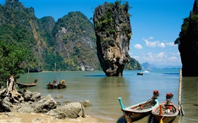 タイの風景、海、海岸、ボート、崖、岩 HDの壁紙