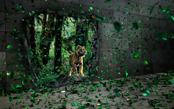 タイガーは森の中で、緑の葉は、創造的な写真を飛んで 壁紙 ピクチャー