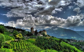 ティローロ、イタリア、村、家、木、山、雲 HDの壁紙